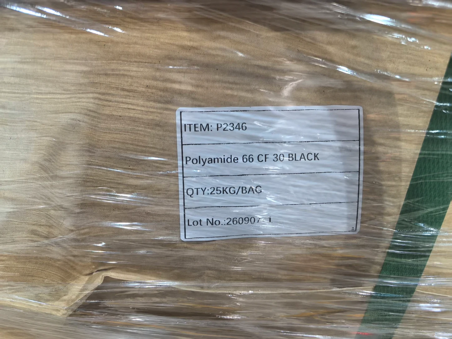 Packaging label: P2346, Polyamide 66 CF 30 BLACK, 25 kg per bag